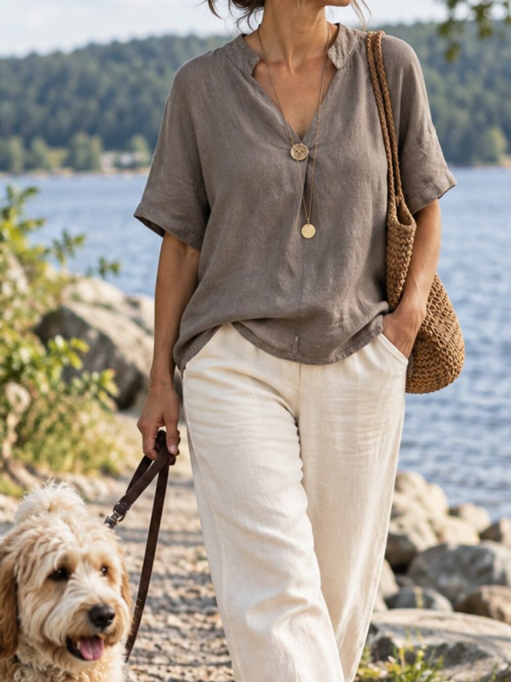 EternELLE 100% Linen Relaxed Blouse Mushroom Taupe Made in Italy M PTP22